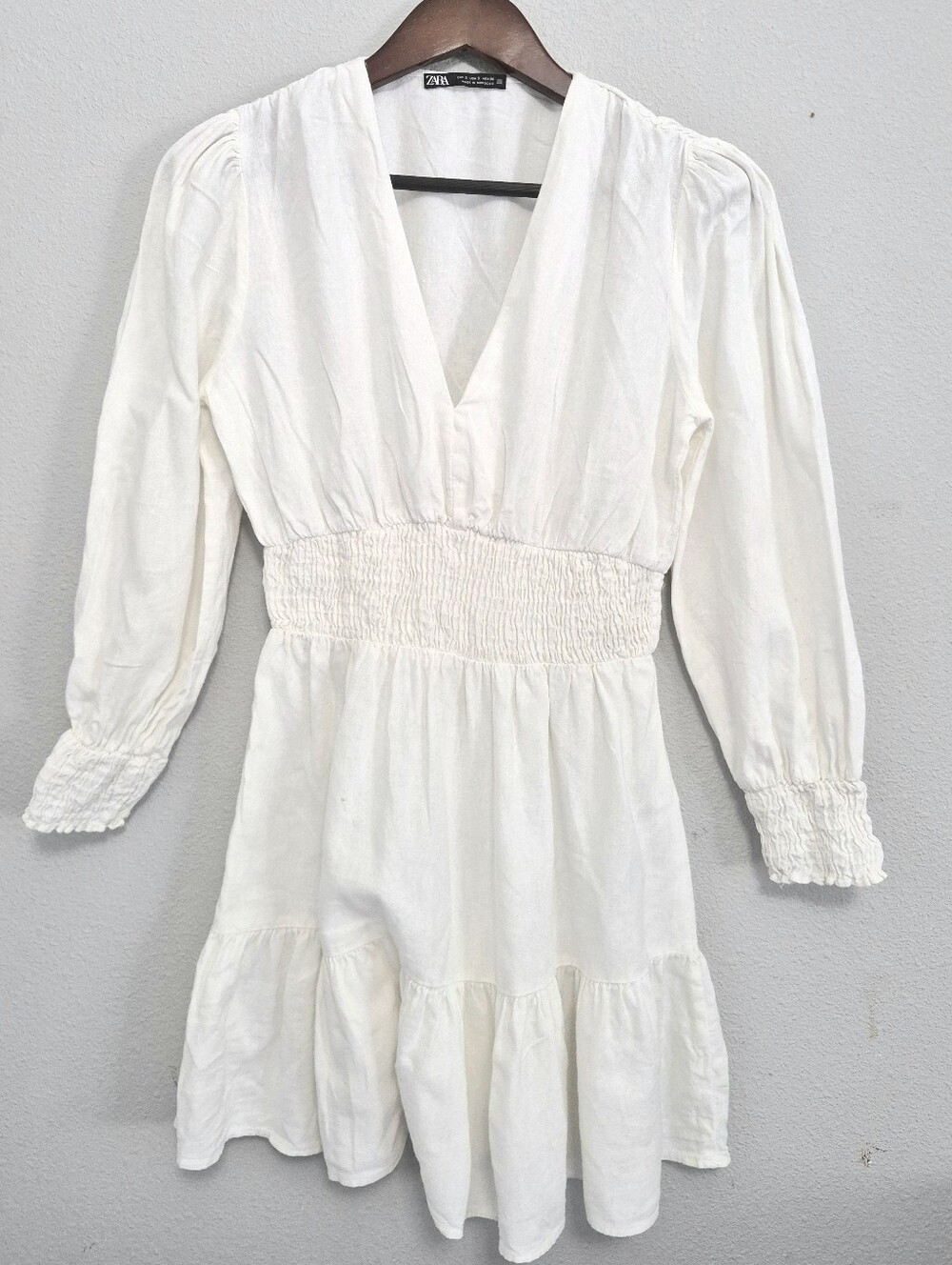 Zara Linen Viscose Smocked Ruffled Mini White Dress Small Boho Coastal